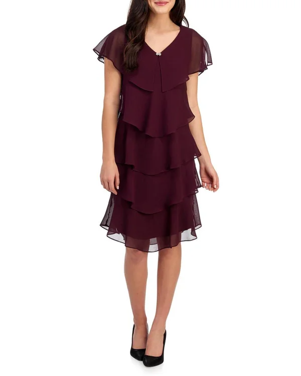 SL Fashions New York Pebble Crepe Tiered Cape Dress, 6, Polyester