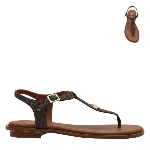 Michael Kors Mallory Logo T-Strap Sandal - Brown - Flat Sandals