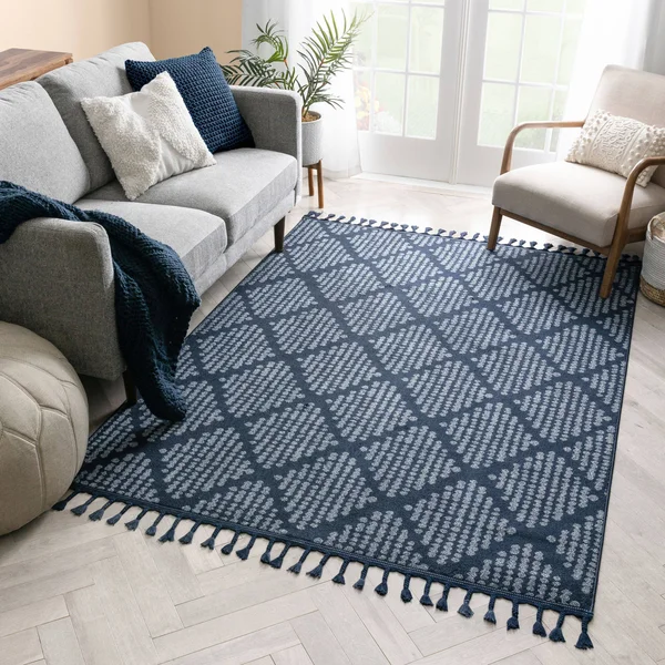 Well Woven Loop-De-Loop Arbor Dark Blue Moroccan Trellis 3 ft. 11 in. Round Flatweave Area Rug