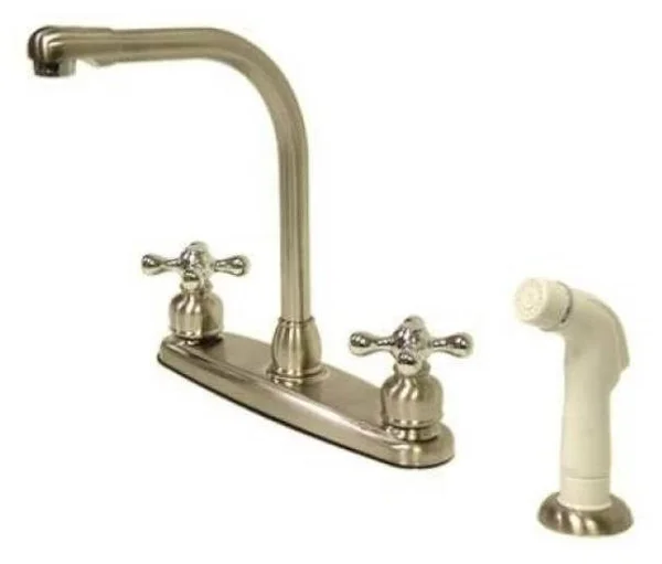 Kingston Brass Victorian High Arch Kitchen Faucet with White Sprayer - Satin Nickel/Polished Chrome KB717AX