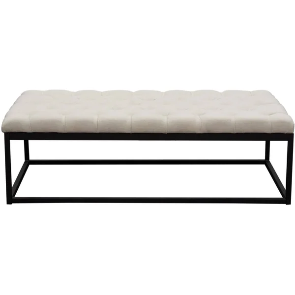 Benzara BM190838 Linen Upholstered Button Tufted Bench with Open Metal Base Large Beige and Black