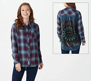 Tolani Collection Plaid Top with Printed Velvet BACK, Size X-Small, Blue/Burgundy