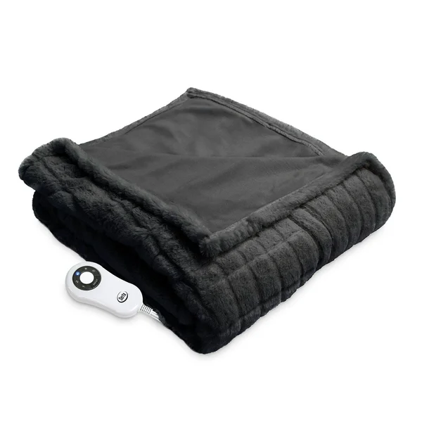 Serta Rabbit Faux Fur Electric Heated Warming Throw Blanket - Black