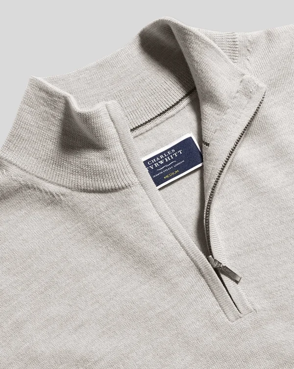 Merino Zip Neck Wool Sweater - Silver