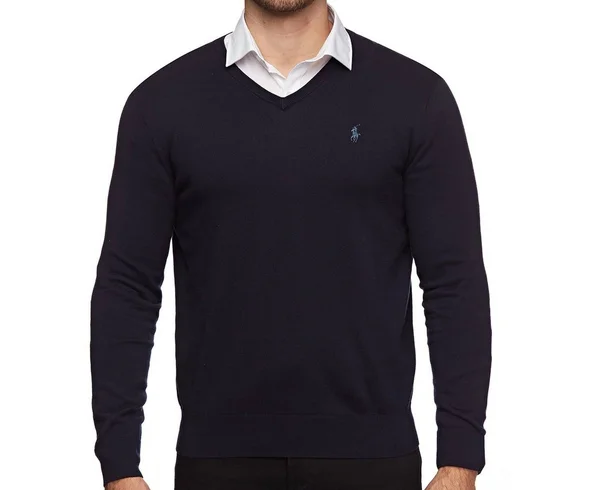 Polo Ralph Lauren Mens Pima Cotton V-Neck Sweater (Large - Navy Blue)