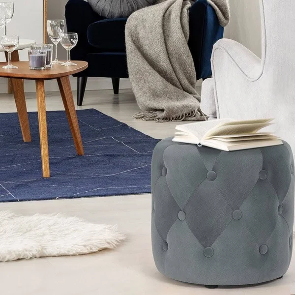 Homebeez Round Velvet Ottoman Foot Rest Stool (Gray)