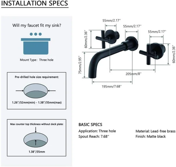WELLFOR Wall Mount Bathroom Faucet Matte Black 2-Handle Wall-Mount Bathroom Sink Faucet, WB-FA049MB3