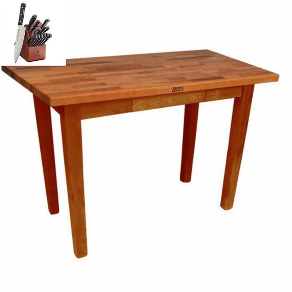 John Boos Oak 60x25 Butcher Block & Henckels Knife Set - Natural