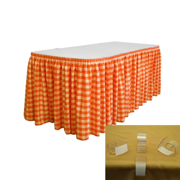 La Linen SKTcheck21x29-15Lclips-OrangeK48 Polyester Gingham Checkered Table Skirt with 15 L-Clips White & Orange - 21 ft. x