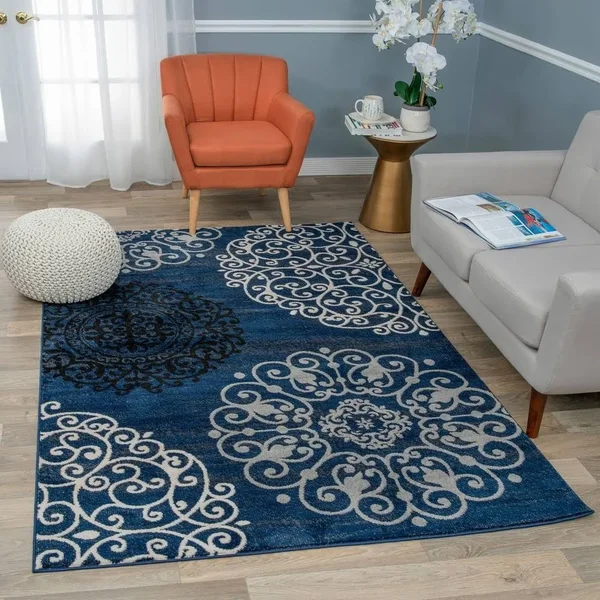 Modern Contemporary Floral Navy 6&6 inch x 9& Indoor Area Rug, Blue