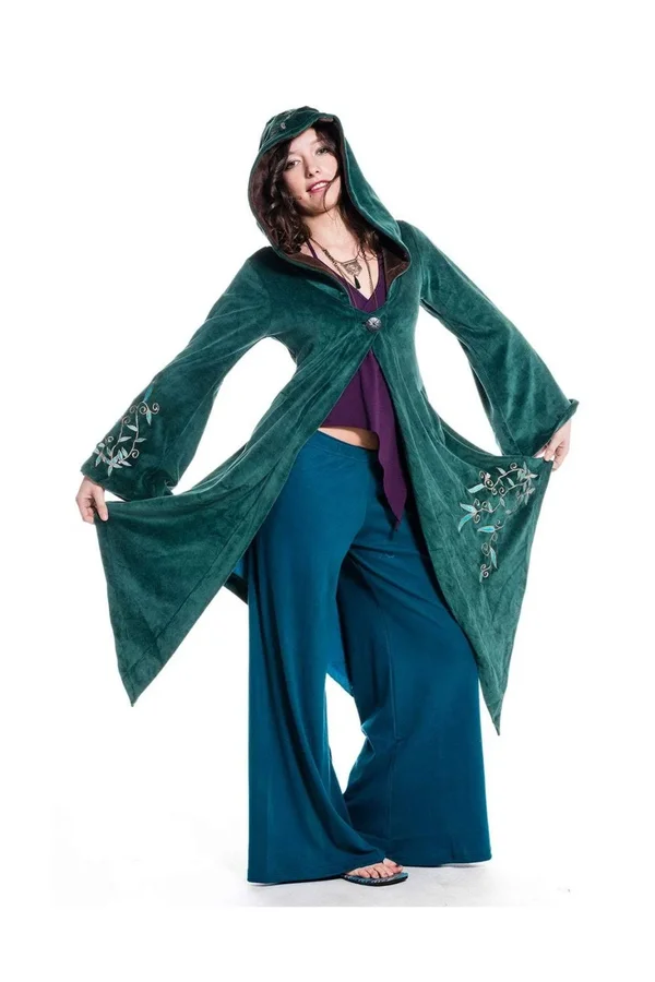 Faery Goddess Coat - Long Velvet Boho Jacket, Hippie Pixie Goa Psy Trance Fairy Cosplay Festival Clothing, Plus Size Faerie