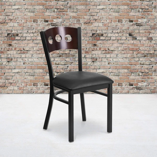 Flash Furniture 2 Pk. Hercules Series Black Decorative 3 Circle Back Metal Restaurant Chair - Walnut Wood BACK, Black Vinyl Seat