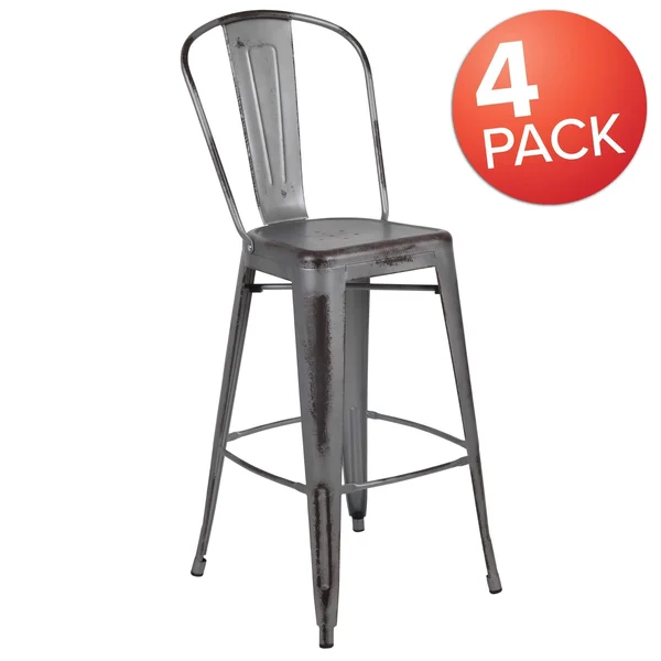 Flash Furniture 4 Pk. 30&& High Distressed Metal Indoor-Outdoor Barstool with BACK - Yellow