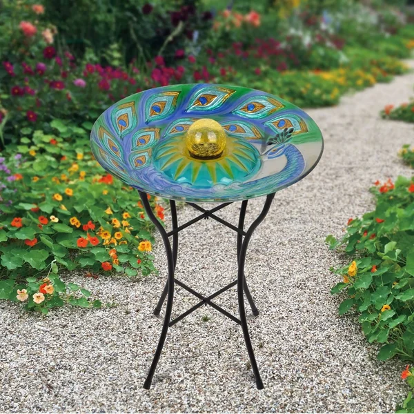 Peaktop Outdoor 18 in. Solar Glass Birdbath - Peacock