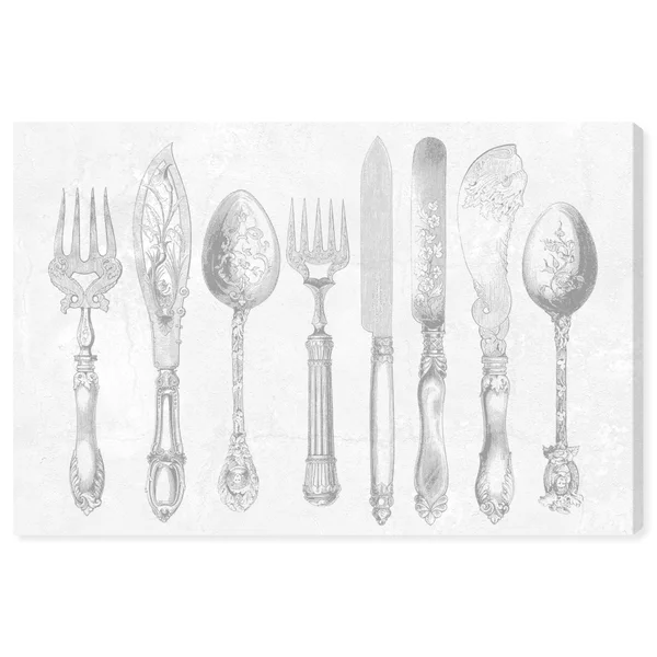 Runway Avenue Food and Cuisine Wall Art Canvas Prints 'Royal Cutlery Grey' Cooking and Chef - Gray, White, Size: 45 x 30