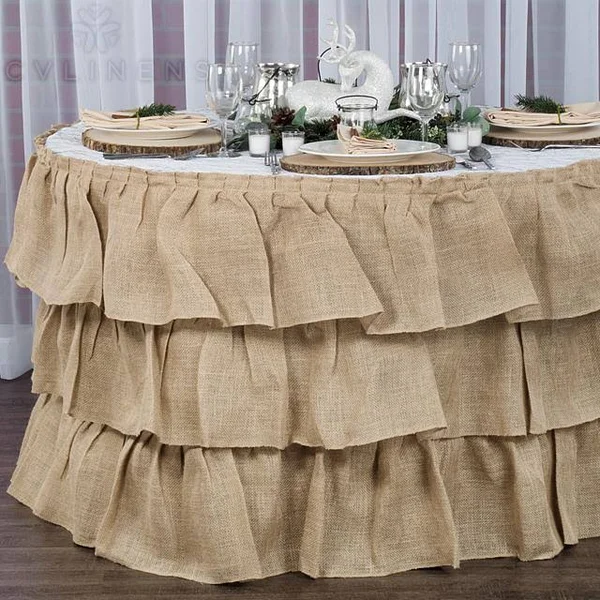 Three Tier Ruffled Burlap Table Skirt in Natural Size: 14 ft - Wedding, Event, Wholesale by CV Linens