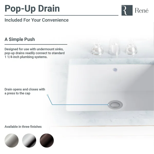 Rene R2-1007-W-PUD-BN Porcelain Undermount Bathroom Sink and Pop-Up Drain