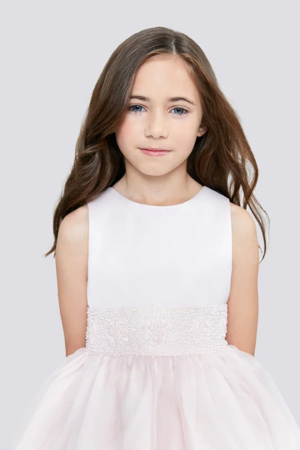 US Angels White Flower Girl Beaded Sash Organza Dress- Girls 4-6X