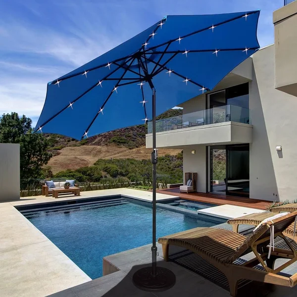 Maypex 9 ft. Steel Market Crank and Tilt Round Solar Light Patio Umbrella in Tan