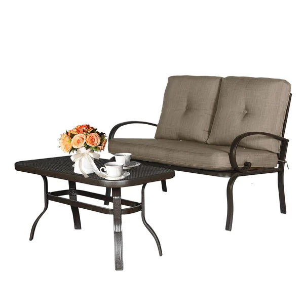 Cloud Mountain 2 Piece Outdoor Loveseat Furniture Bistro Set Garden Patio Metal Coffee Table Bench Sofa with Cushions - Gradient