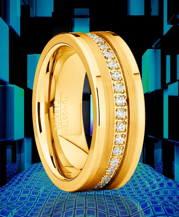 Men's Tungsten Wedding Band Ring Cubic Zirconia Inlay 8mm Goldtone 10