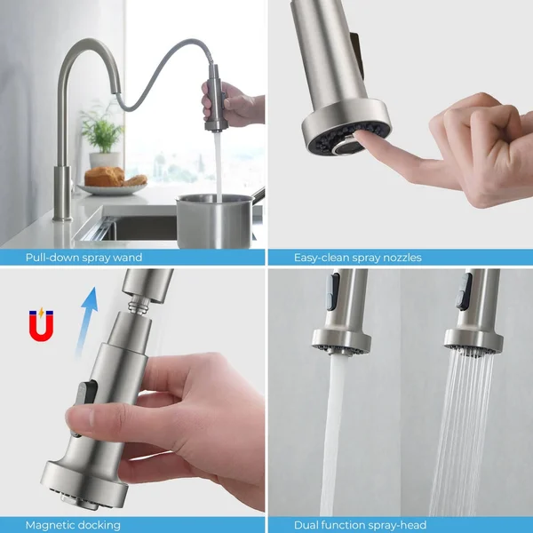 KIBI Brass Pull Down Kitchen Faucet with Sprayer & Soap Dispenser Brushed Nickel