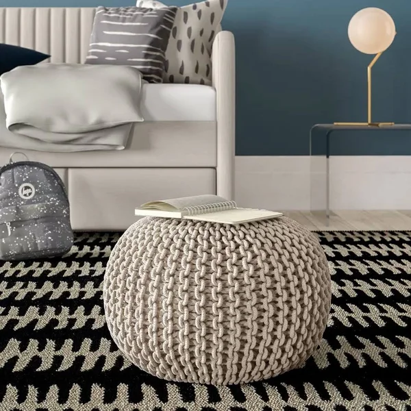 Pouf Ottoman Cotton Rope, Off White, 16-inch, 18 x 18 x 16