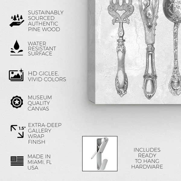 Runway Avenue Food and Cuisine Wall Art Canvas Prints 'Royal Cutlery Grey' Cooking and Chef - Gray, White, Size: 45 x 30