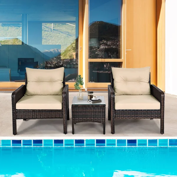 3 Pcs Patio Furniture Set PE Rattan Wicker Outdoor Sofa Set - Red