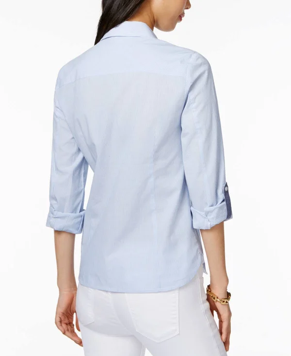 Tommy Hilfiger Women's Cornell Stripe Roll Tab Button Down Shirt - Cornflower Blue - XL