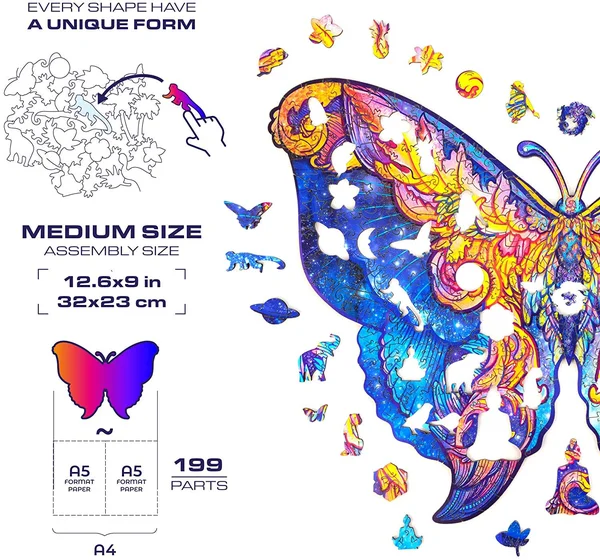 Unidragon Wooden Puzzle Jigsaw - Best Gift for Adults and Kids, Unique Shape Jigsaw Pieces Intergalaxy Butterfly, 12.6 x 9 in (32