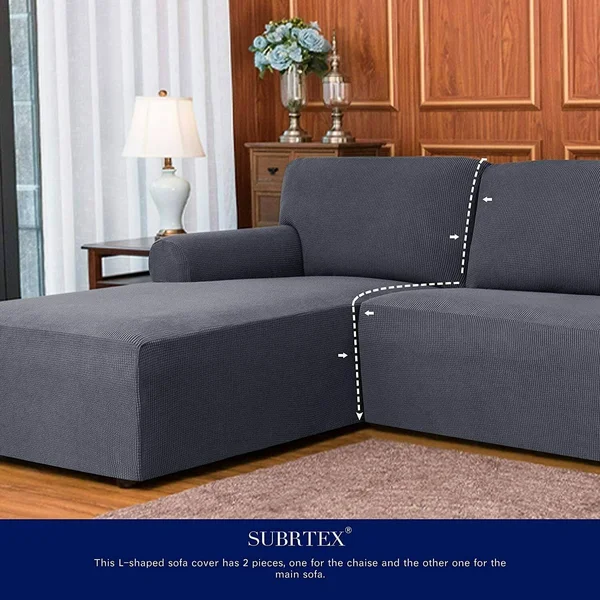 Subrtex Stretch 2-Piece Textured Grid L-Shaped Sectional Sofa Slipcover (2-Seater Left Chaise - Light Gray)