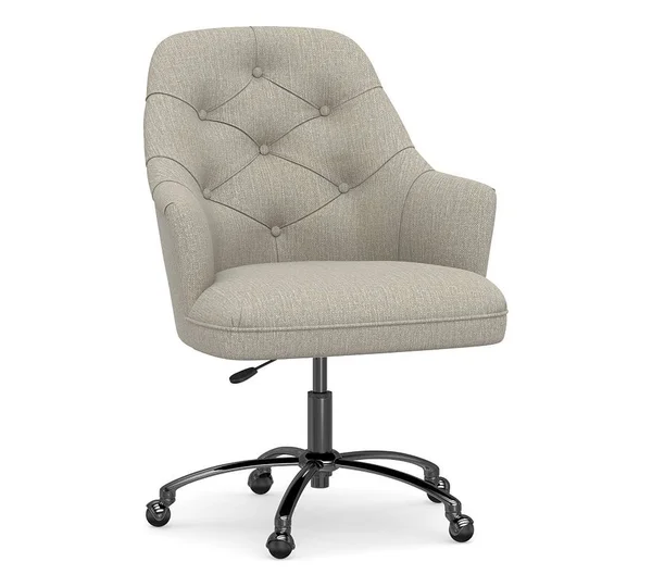 Everett Upholstered Swivel Desk Chair, Brushed Nickel Base, Chenille Basketweave Pebble