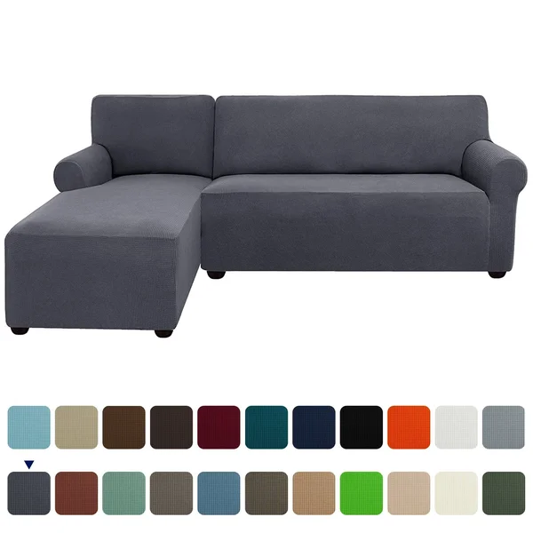 Subrtex Stretch 2-Piece Textured Grid L-Shaped Sectional Sofa Slipcover (2-Seater Left Chaise - Light Gray)