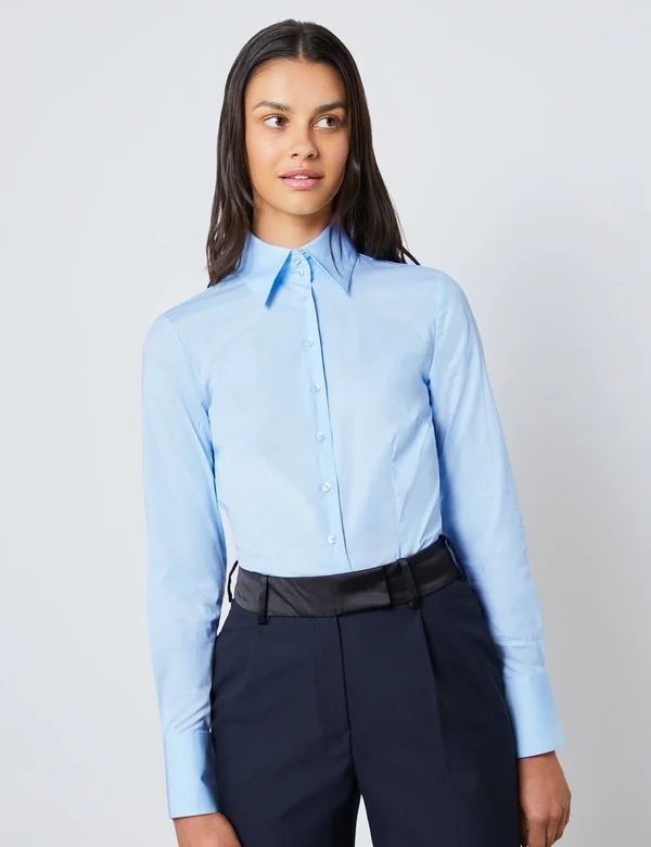 Hawes & Curtis Women's Fitted Shirt with High Long Collar in Ice Blue - Size 14, Single Cuff