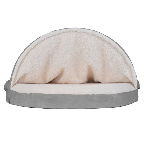FurHaven Pet Dog Bed - Memory Foam Round Faux Sheepskin Snuggery Burrow Pet Bed for Dogs & Cats (Gray, 35x22 Base)