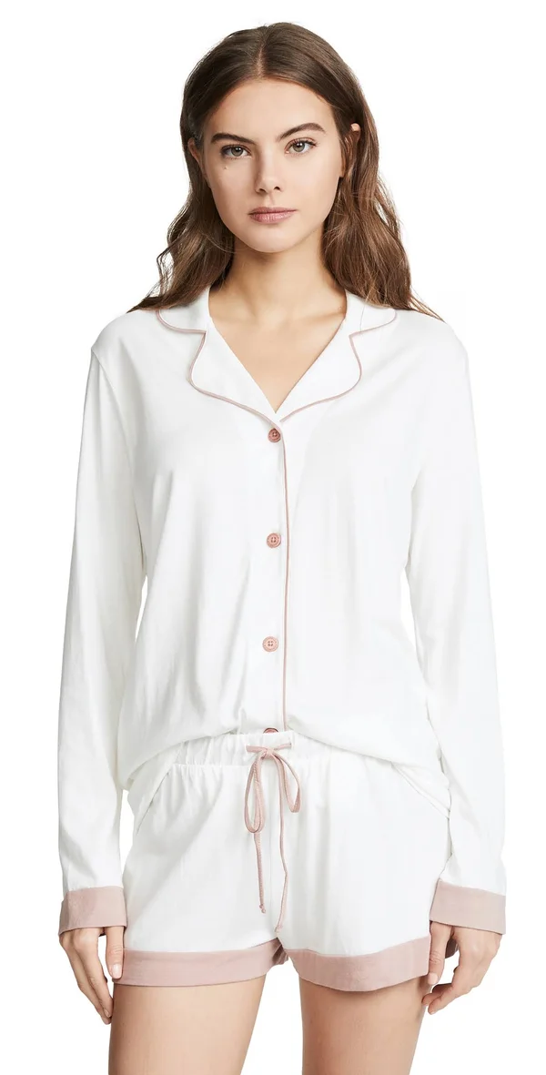 Cosabella Bella Bridal Long Sleeve Top & Boxer Pajama Set - Mandorla/Moon Ivory