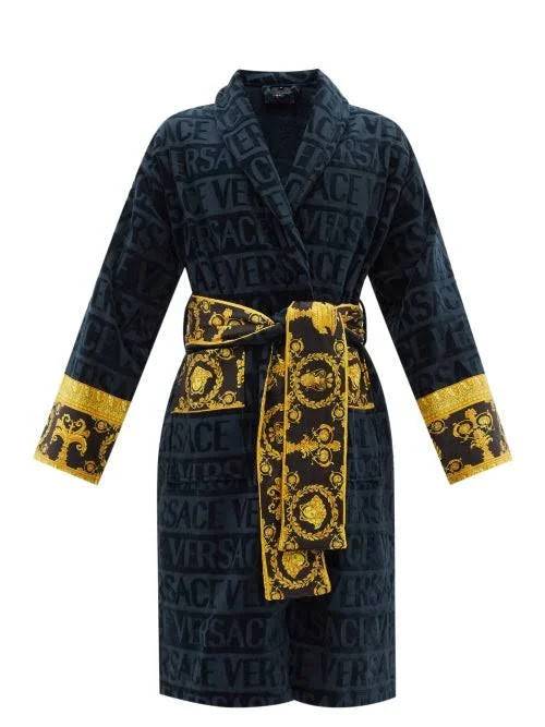 Versace - I Love Baroque Logo-jacquard Cotton Bathrobe - Mens - Navy
