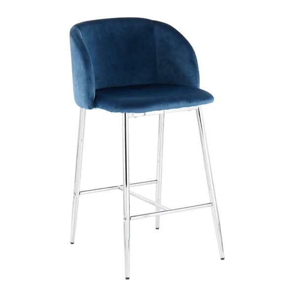 LumiSource Fran Contemporary Counter Stool - Set of 2 - Chrome, Blue Velvet
