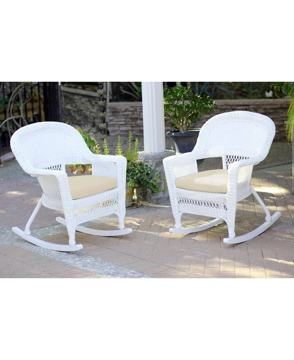 Jeco W00206r-b_2-fs001 White Rocker Wicker Chair with Ivory Cushion- Set of 2