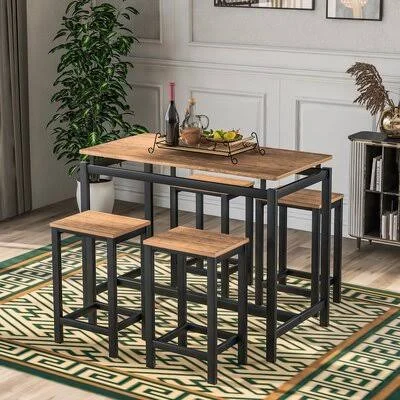 5-Piece Kitchen Counter Height Table Set, Industrial Dining Table with 4 Chairs 17 Stories Table Top Color: Brown, Chair