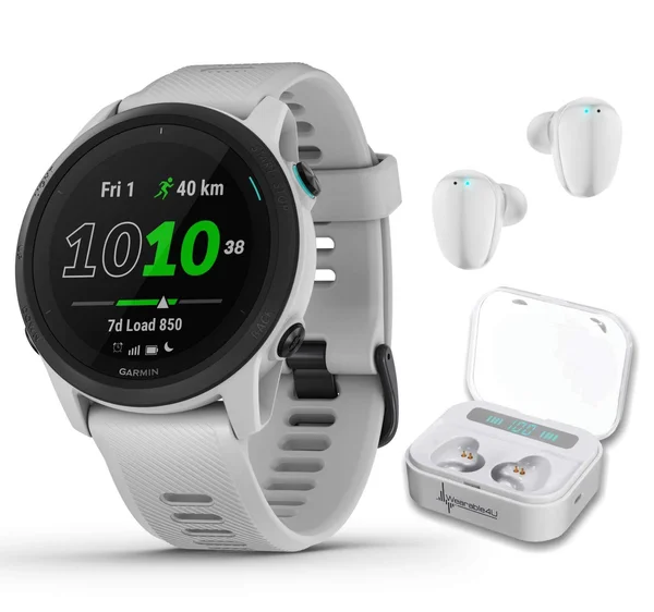 Garmin Forerunner 745, GPS Running Watch with Wearable4U Earbuds with Charging Power Bank Case Bundle Whitestone Watch + White E