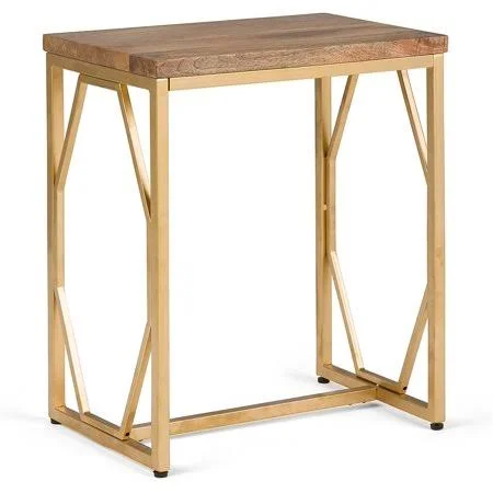 Simpli Home Selma Contemporary 13 inch Wide Metal and Wood Accent Side Table in Natural, Gold, End, Accent, Bed Side Table, for