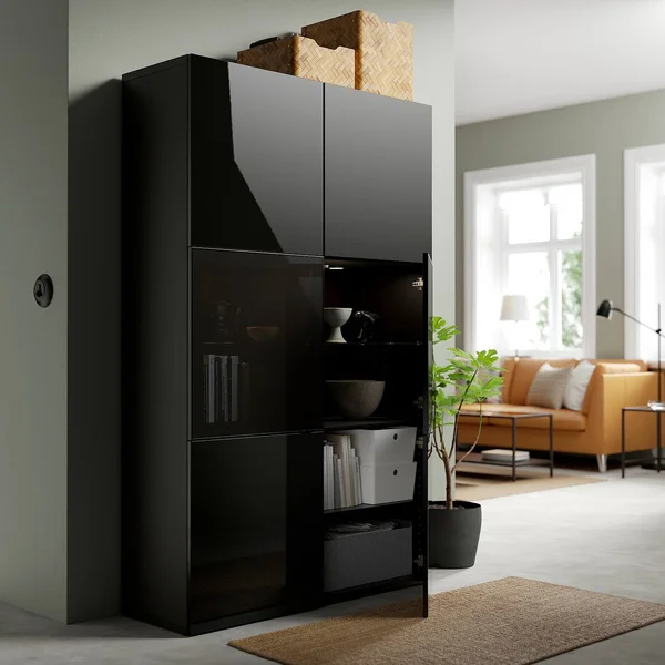 IKEA - BESTÅ Storage Combination w/Glass Doors, Black-brown/Selsviken High Gloss/Black Smoked Glass, 47 1/4x16 1/2x76