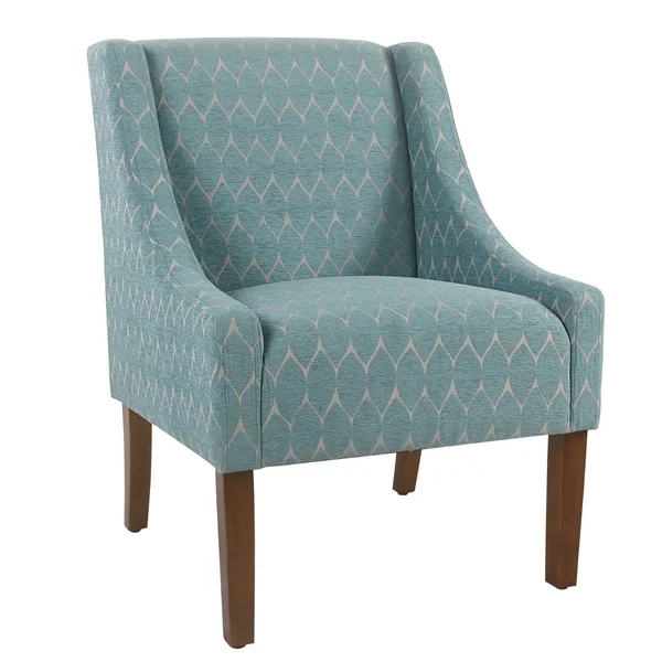 Benzara Bm194044 Geometric Pattern Fabric Upholstered Wooden Accent Chair with Swooping Arms Blue and Brown