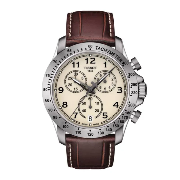 Tissot V8 Chronograph Leather Strap Watch, 43mm Brown/ Ivory/ Silver