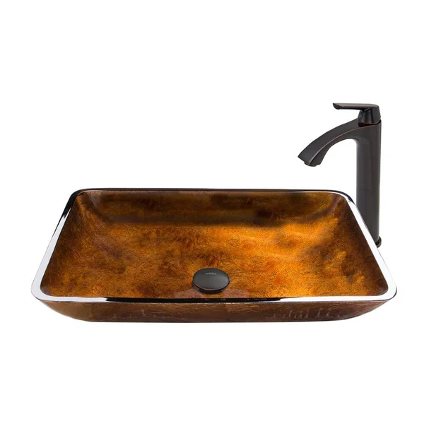 Vigo Rectangular Russet Glass Vessel Sink and Linus Faucet Set - Antique Rubbed Bronze VGT494