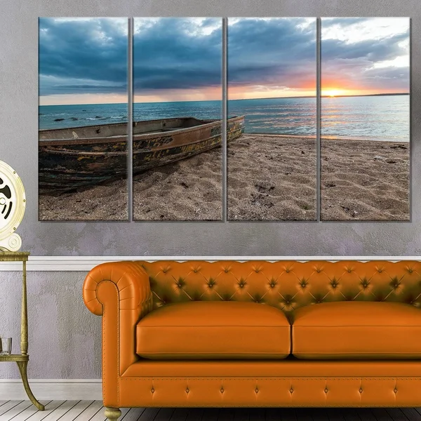 Design Art Rusty Row Boat on Sand at Sunset 5 Piece Photographic Print on Wrapped Canvas Set - Brown