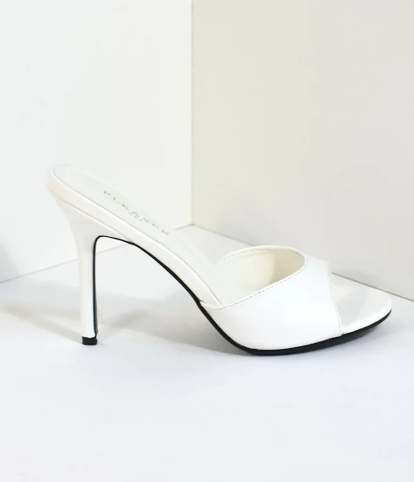 White Matte Leatherette Peep Toe Slip on Heels, Size 10