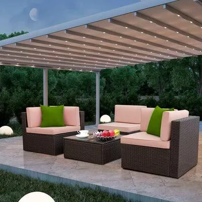 Barbour 4 Piece Rattan Sectional Seating Group with Cushions Wrought Studio Cushion Color: Beige/Green